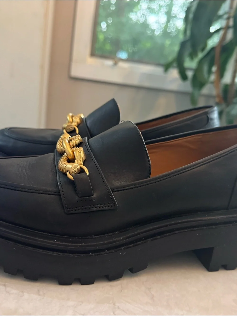 Tory Burch Jessica Lug Sole Loafers with Gold Chain Detail